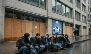 Chomeurs attendant sur des marches