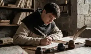 un jeune scribe écrit à la plume